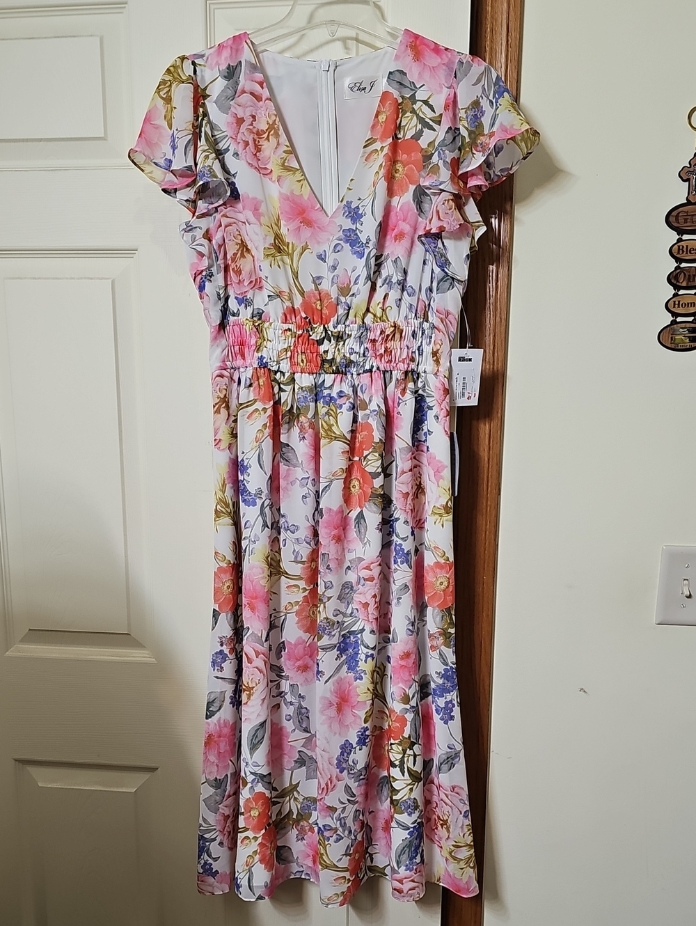 Eliza J Pink & Coral Floral V-Neck Midi Dress